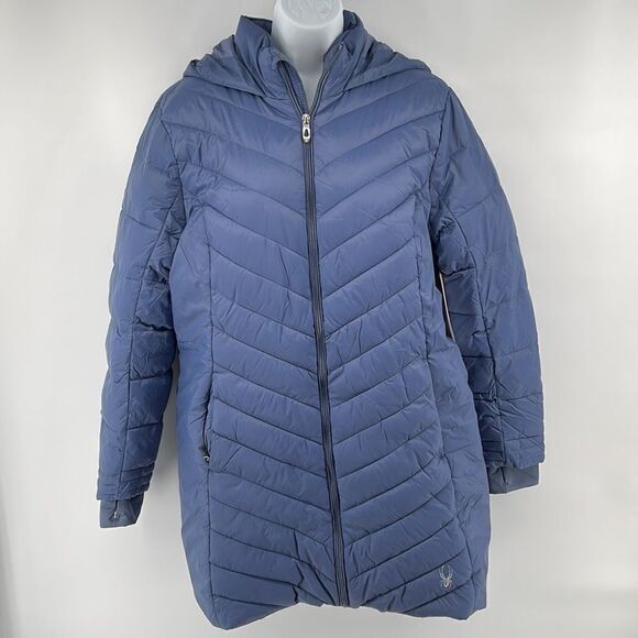 Spyder Boundless gray blue long line quilted thermal jacket coat hood NEW large - Picture 3 of 16